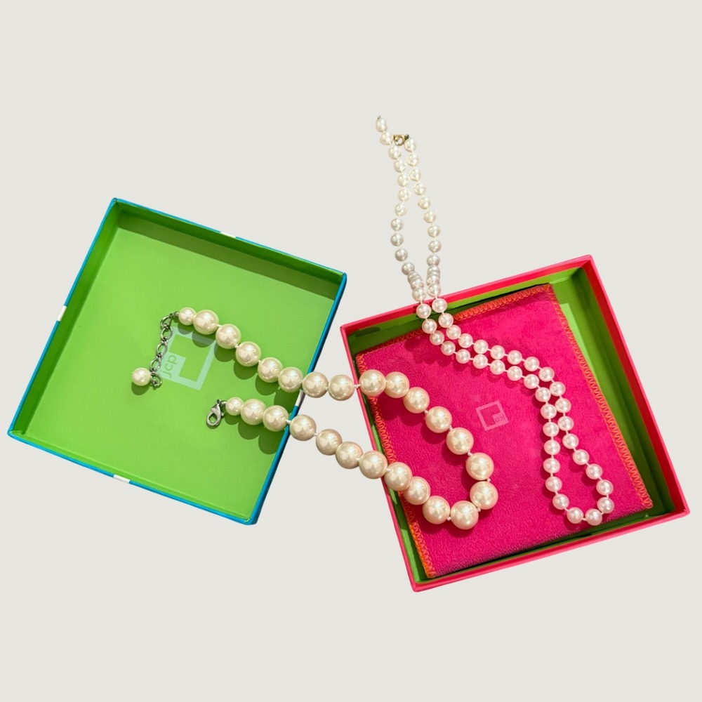 JCP Pearl Necklace Set OS Faux Graduated Uniform Strands Cream Classic Y2K